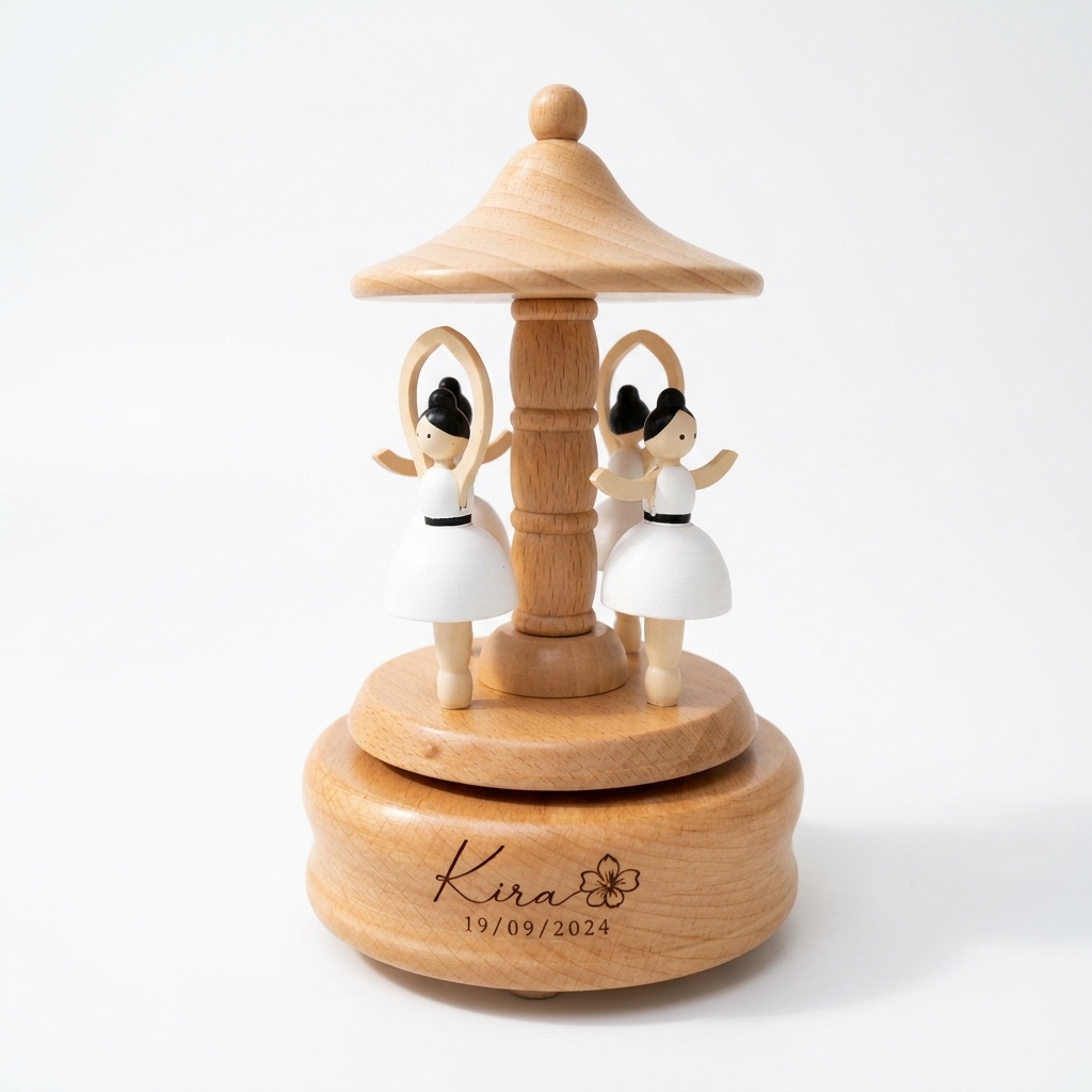 Ballerina Musical Carousel 1 Personalized gugu wooden ballerina music box in beech wood, engraved with a child’s name.