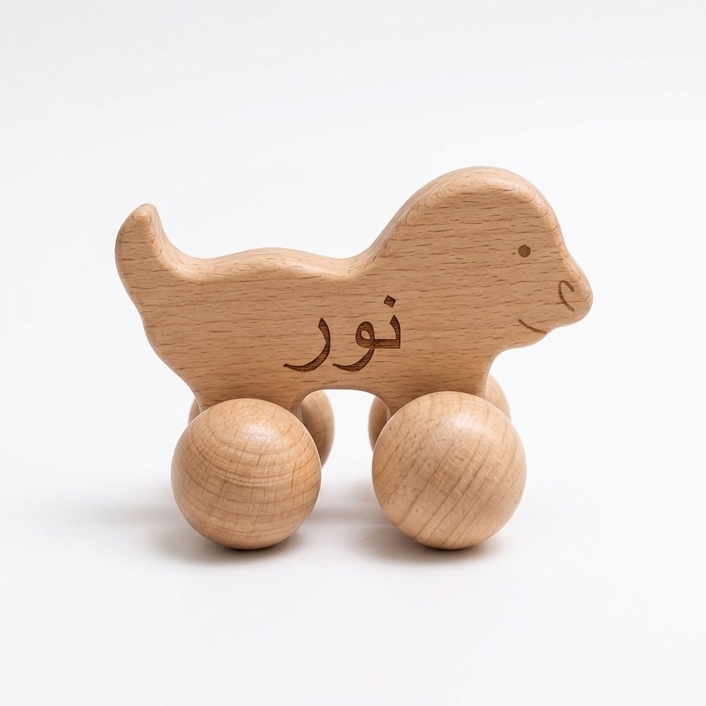 Dinosaur Wooden Push Toy 2 Personalized gugu wooden baby dinosaur push toy with natural wheels and an engraved Arabic name.