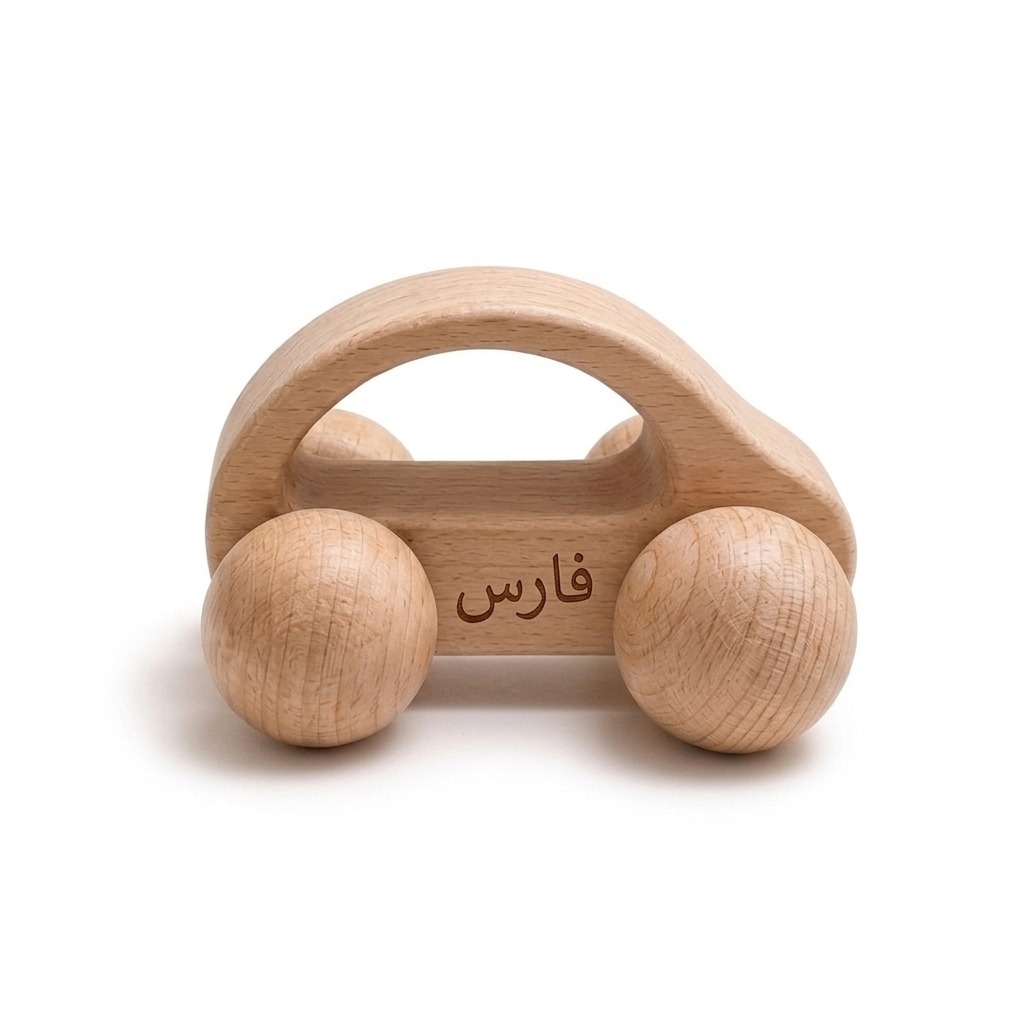 Dinosaur Wooden Push Toy 5 Personalized gugu wooden car push toy with natural wheels and an engraved Arabic name.