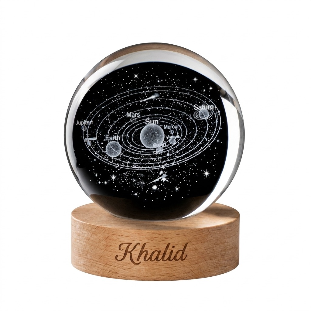 Crystal Ball Night Light 3 Personalized gugu crystal ball night light with the solar system inside, on an engraved wooden base.