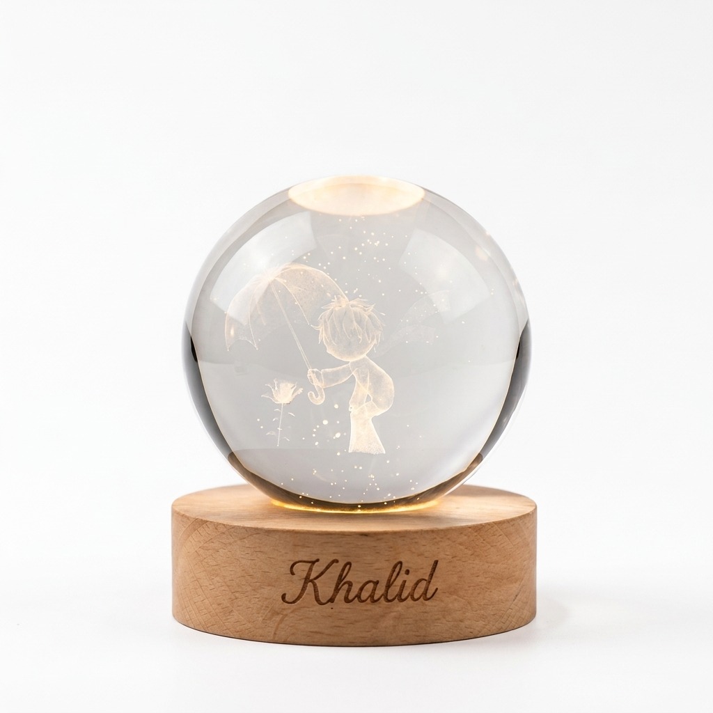 Crystal Ball Night Light 4 Personalized gugu crystal ball night light with a little boy holding an umbrella and a flower, on an engraved wooden base.