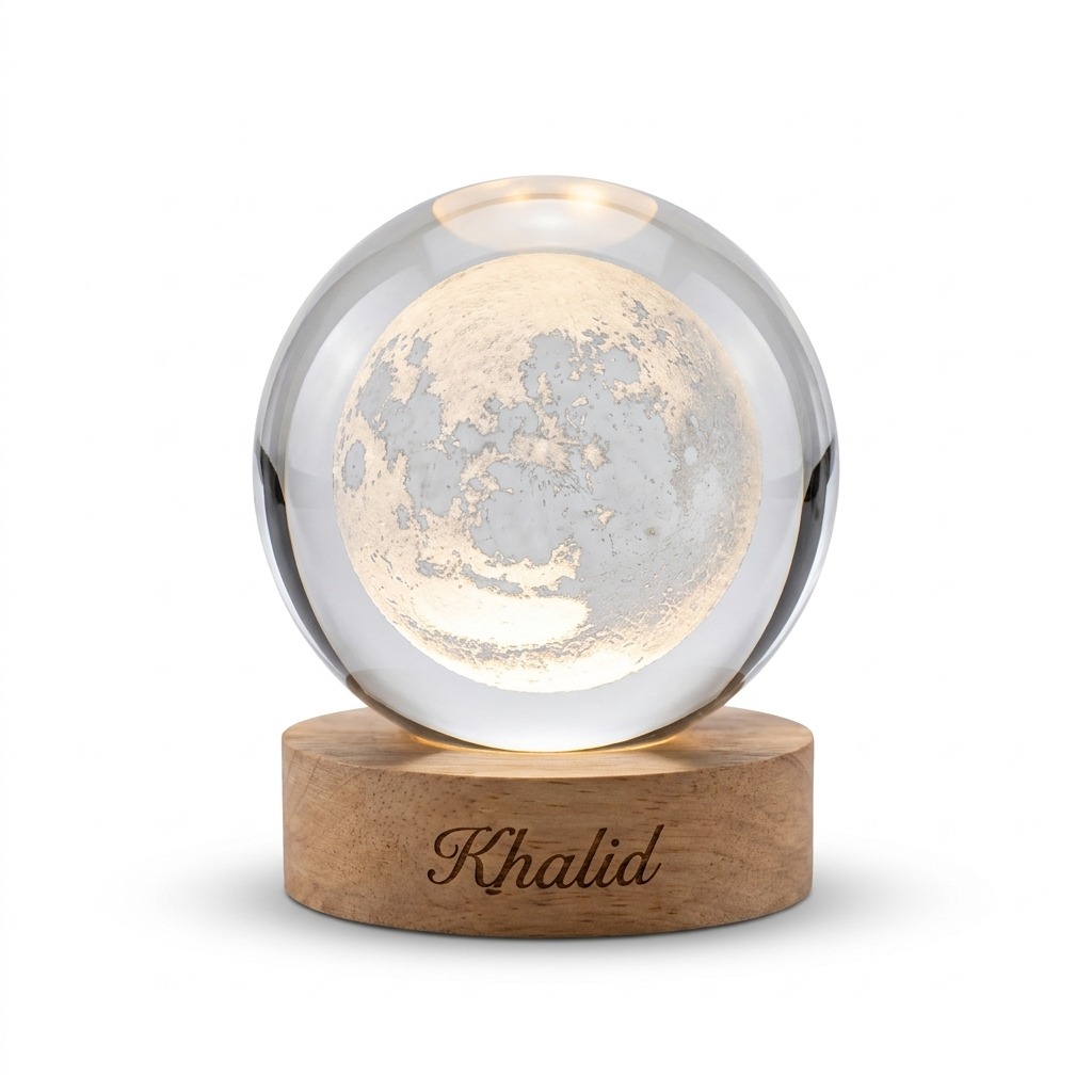 Crystal Ball Night Light 5 Personalized gugu crystal ball night light with a detailed glowing moon, on an engraved wooden base.