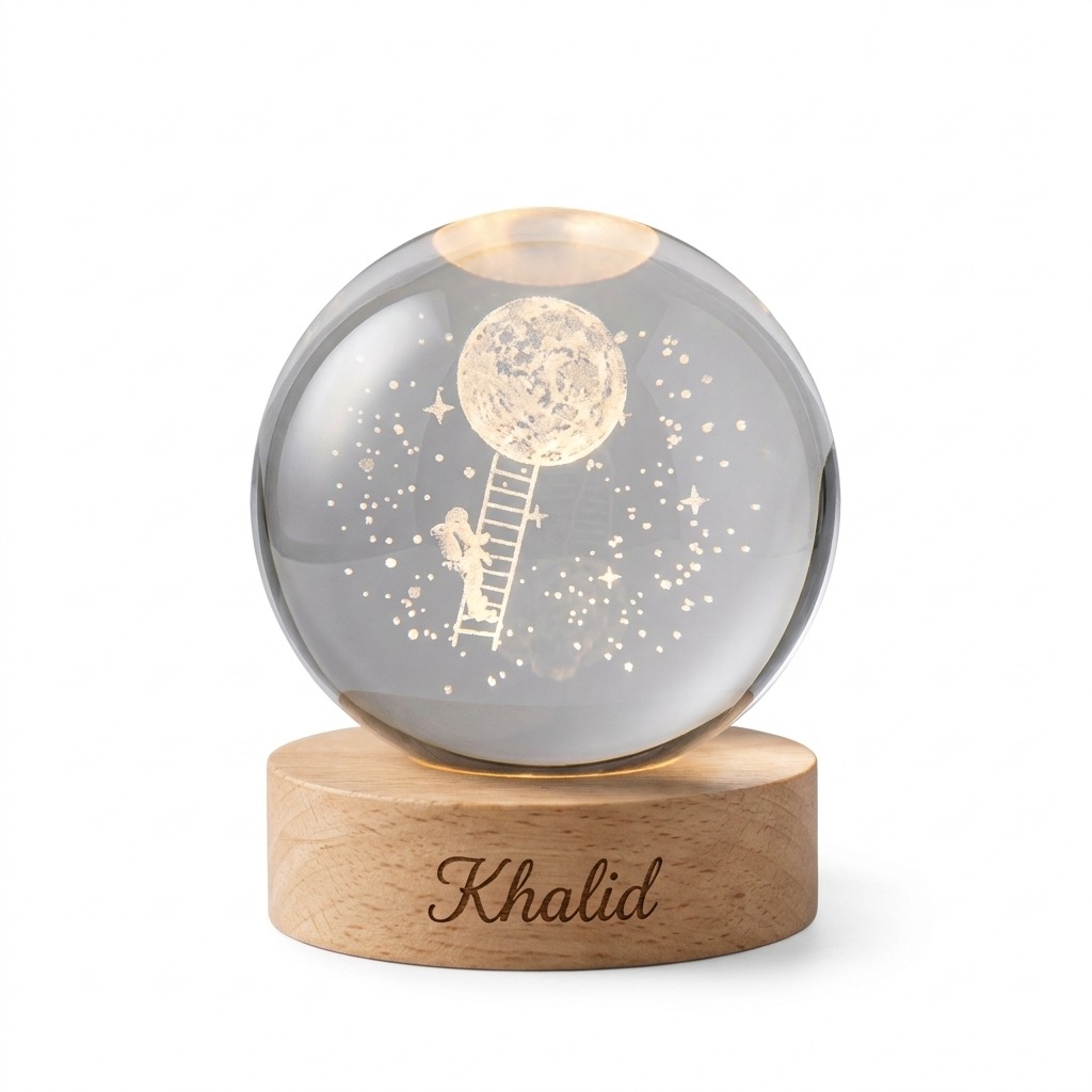 Crystal Ball Night Light 6 Personalized gugu crystal ball night light with a child climbing a ladder to the moon, on an engraved wooden base.