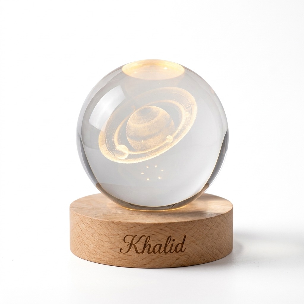 Crystal Ball Night Light 2 Personalized gugu crystal ball night light with a glowing Saturn, on an engraved wooden base.